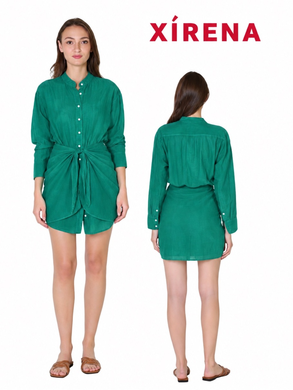 XiRENA Emerald Green Button-Front Twist-Waist Mini Dress